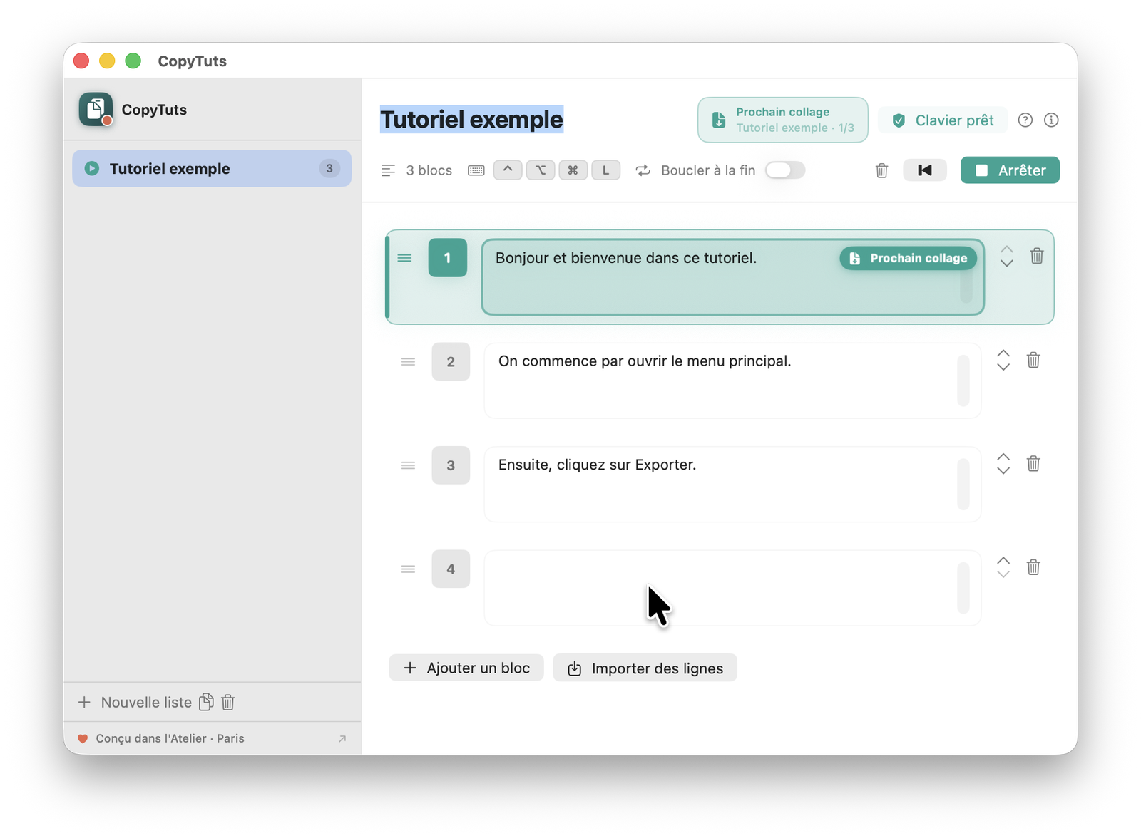 CopyTuts sur Mac : une file de blocs de texte prêts à être collés