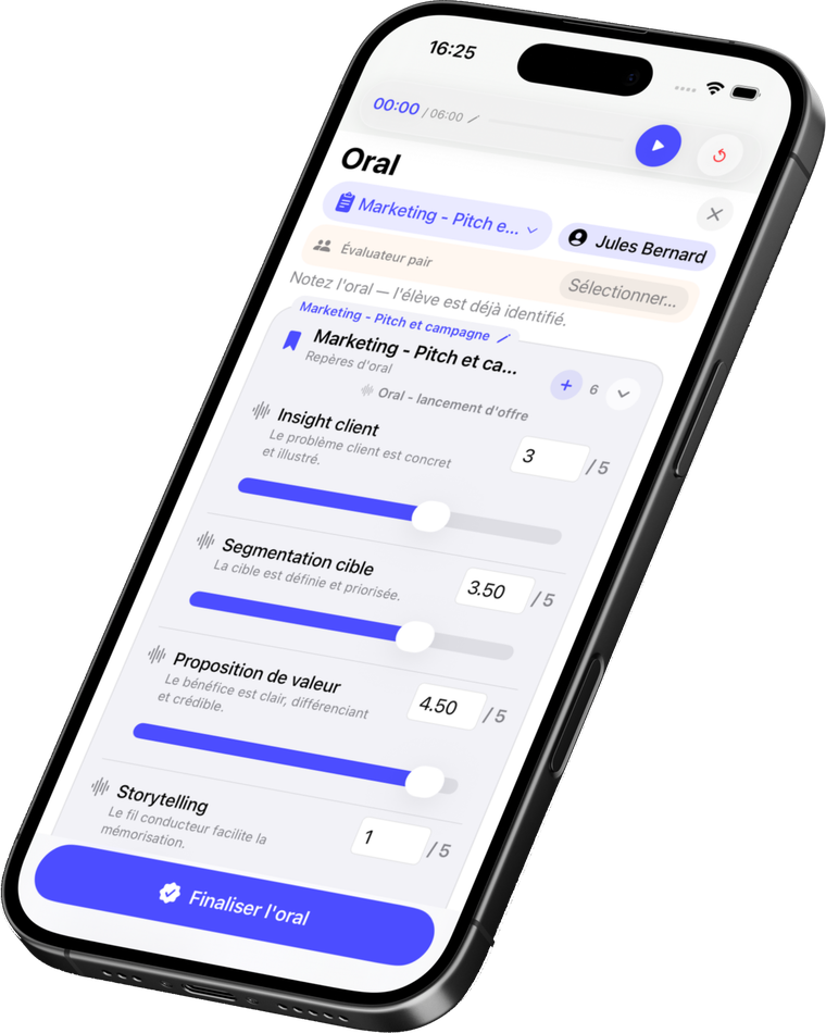 SnapJury sur iPhone : une grille d’évaluation renseignée pendant un oral